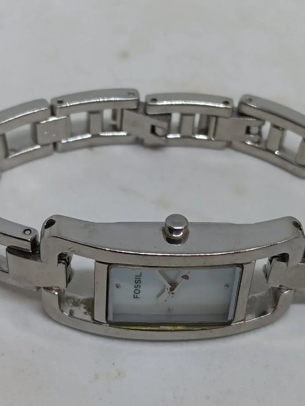 VINTAGE 2000s Fossil f2 ES-1016 Women's 17mm x 35mm Silver Tone MOP Dial Watch